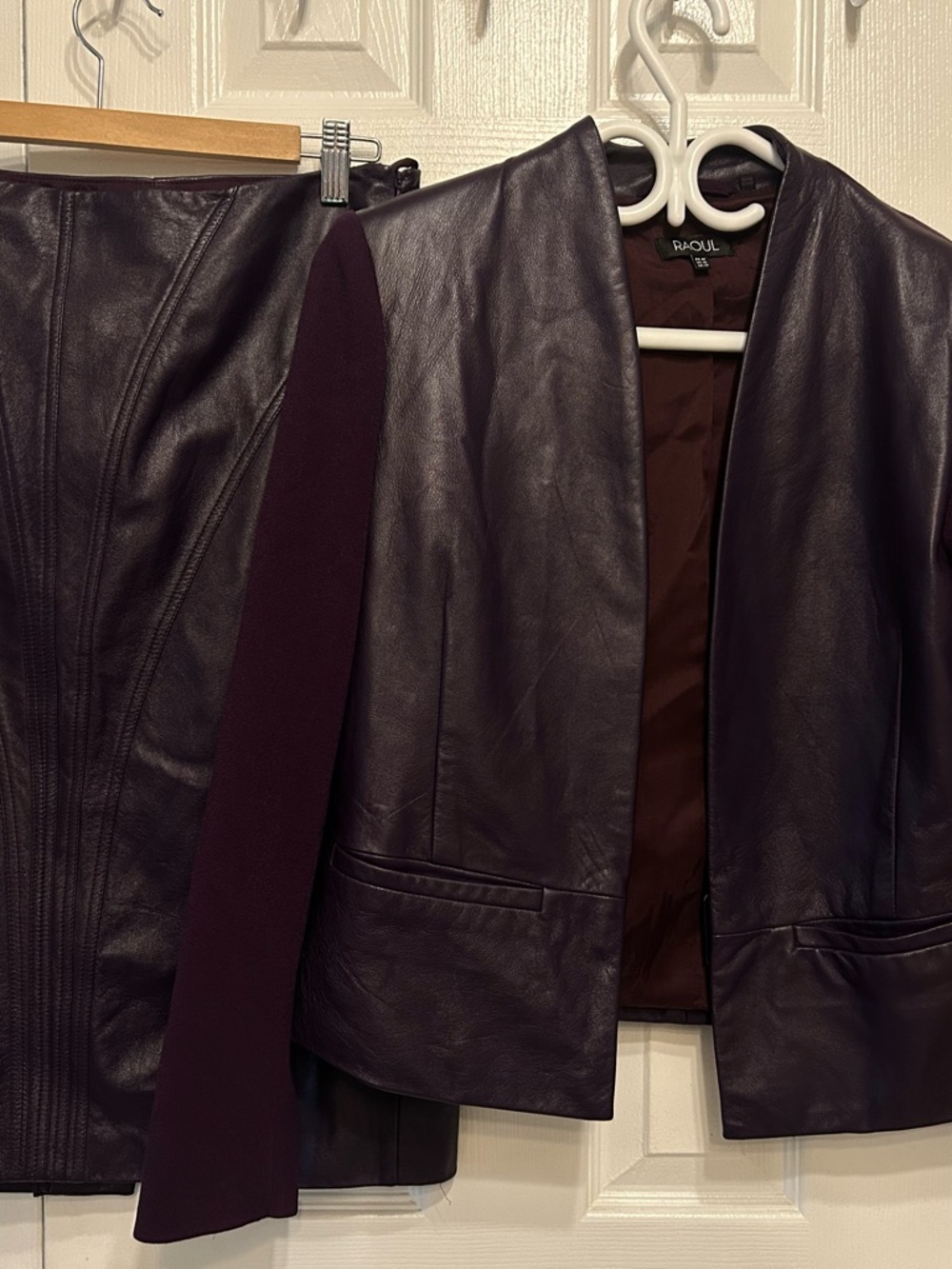 Vintage Raoul Plum Leather Blazer (size 10) and skirt (size8)  with Knit Panels